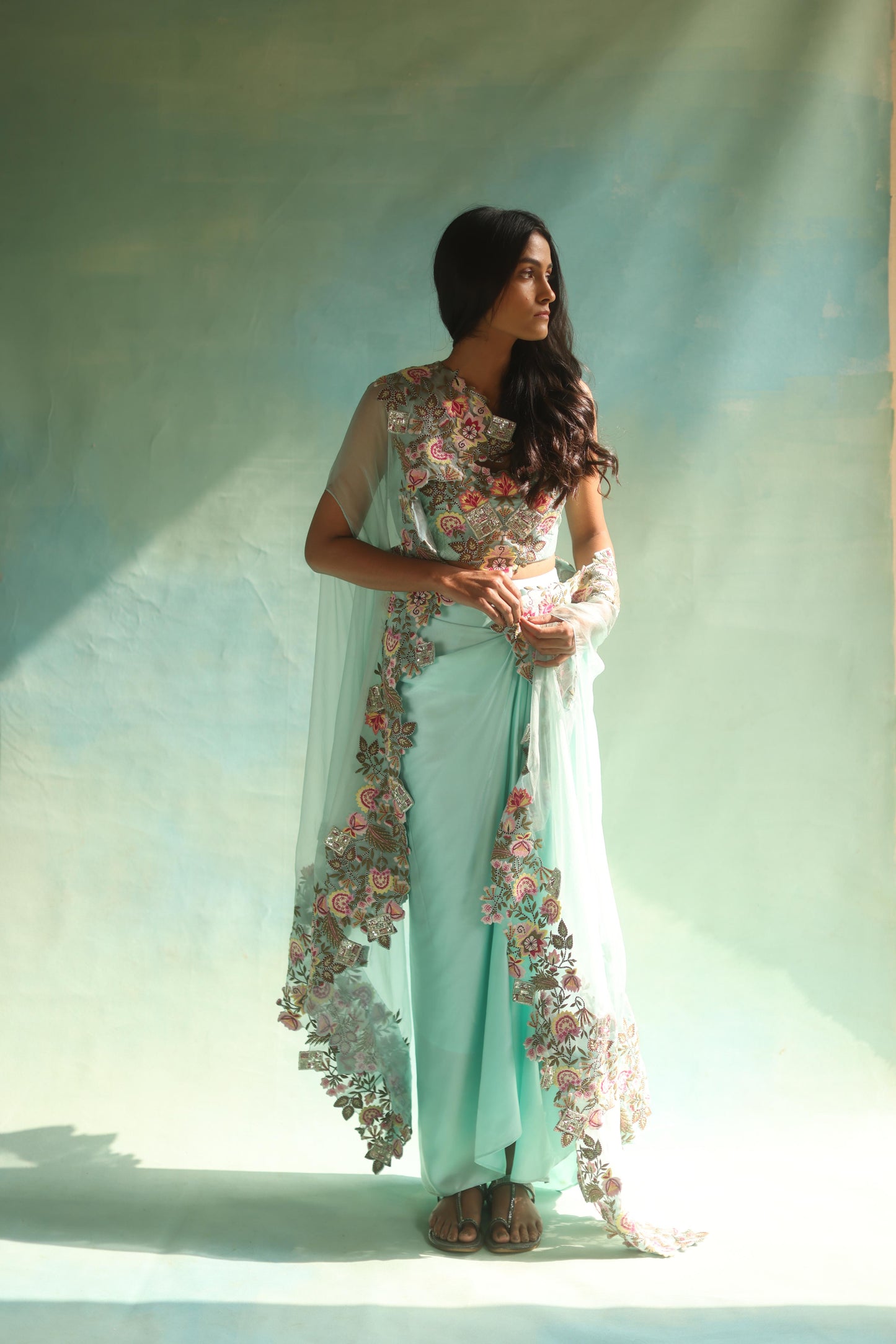 Aquamarine Floral Cape and Dhoti Skirt Set