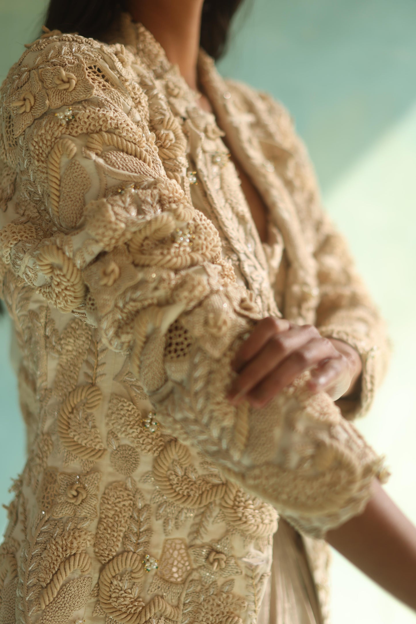 Cream Jaal Blazer and Dhoti Skirt Set