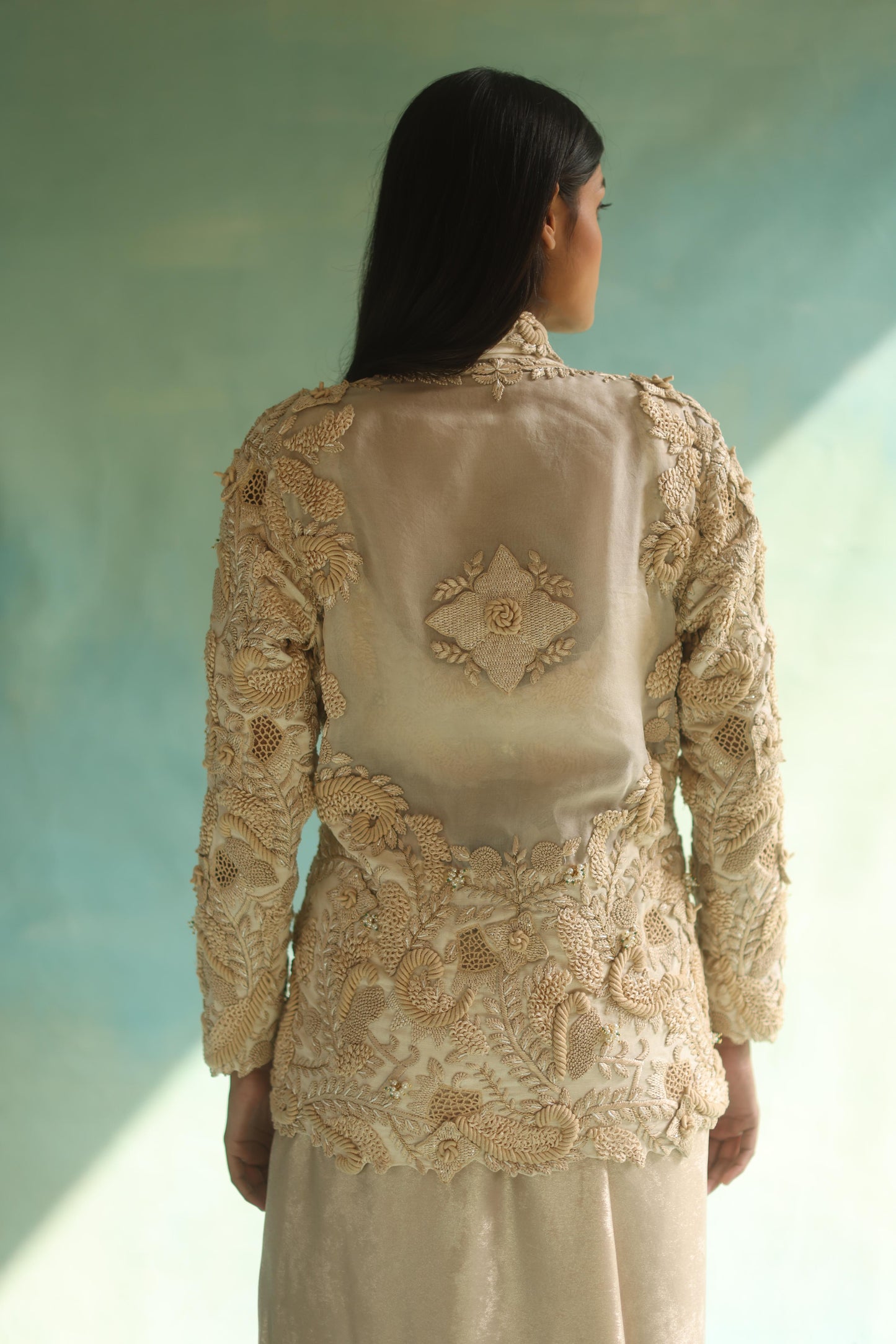 Cream Jaal Blazer and Dhoti Skirt Set