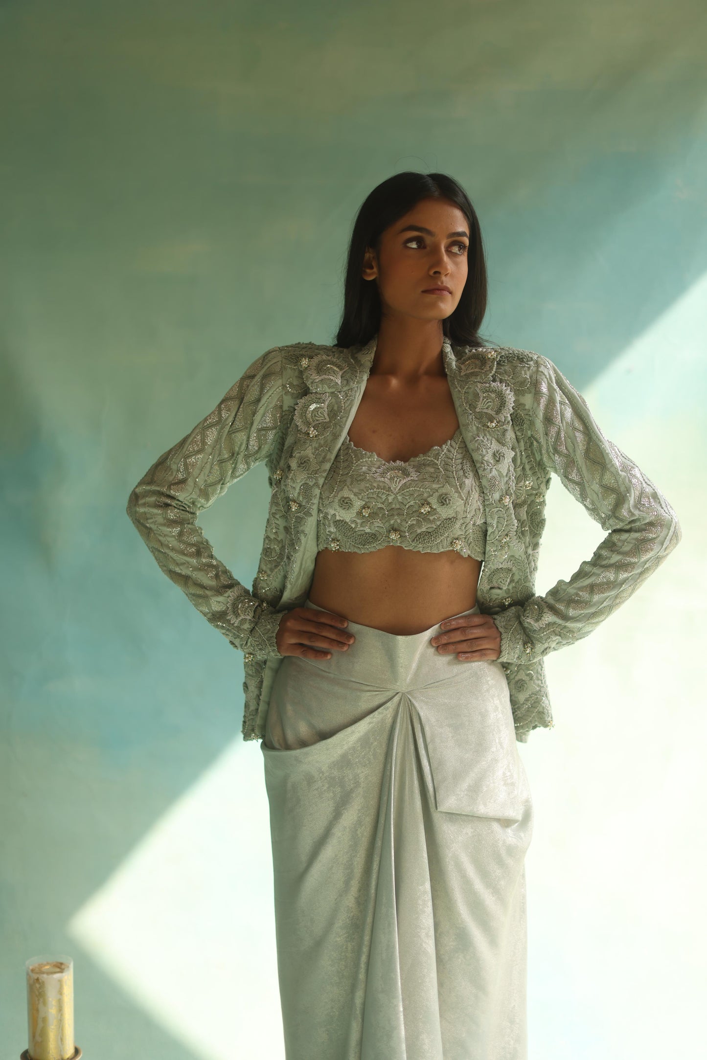 Ice-Green Jaal Blazer and Dhoti Skirt Set