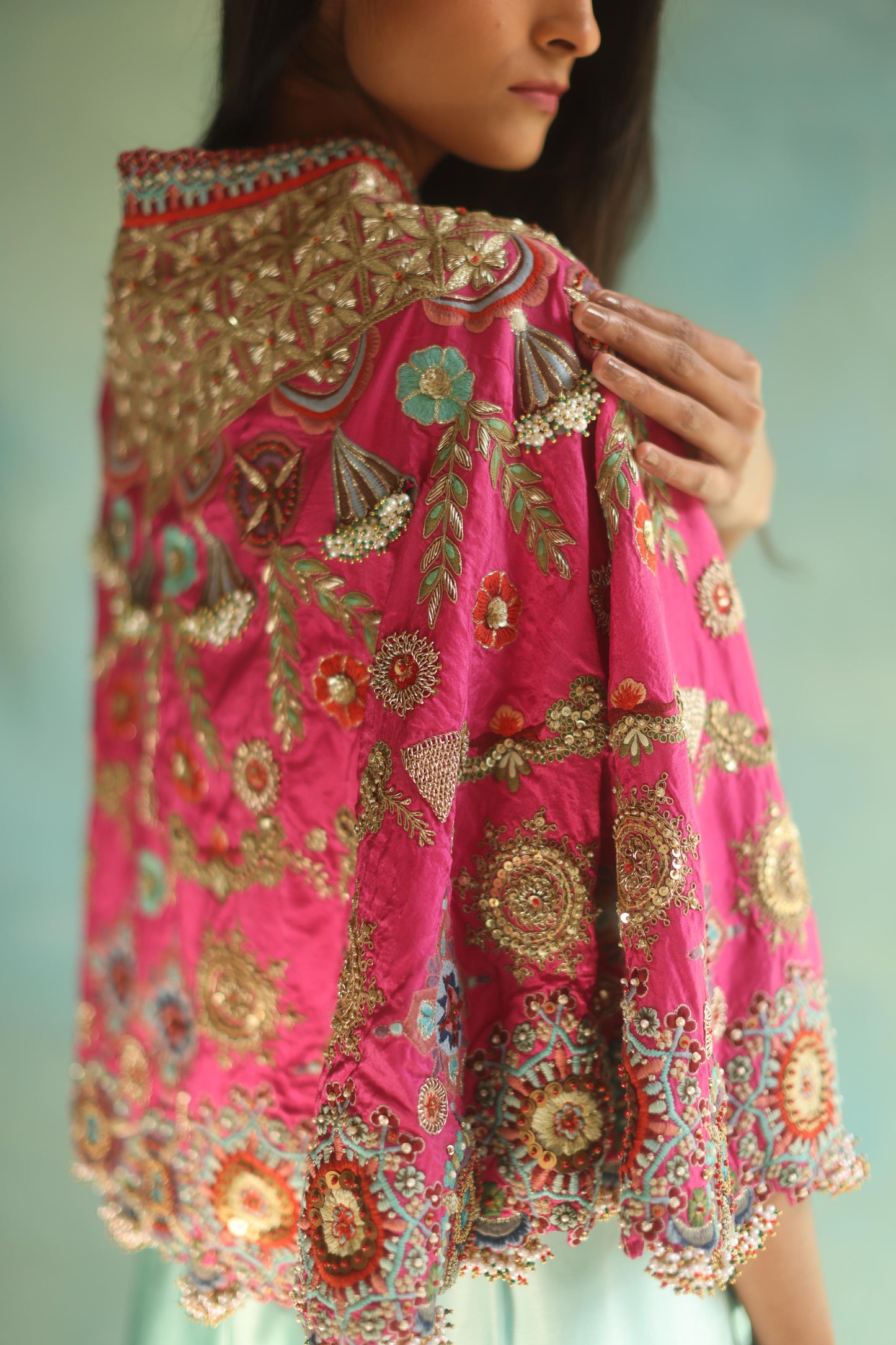 Fuchsia Floral Cape and Aquamarine Dhoti Set