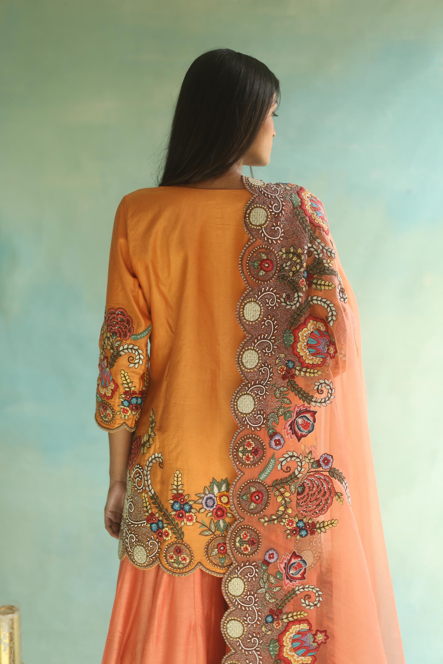 Tangerine Floral Kurta and Sharara Pants Set