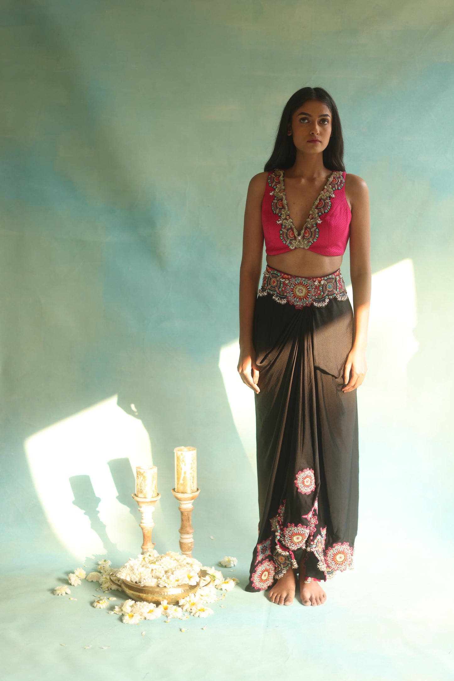 Black Cape and Dhoti Skirt Set