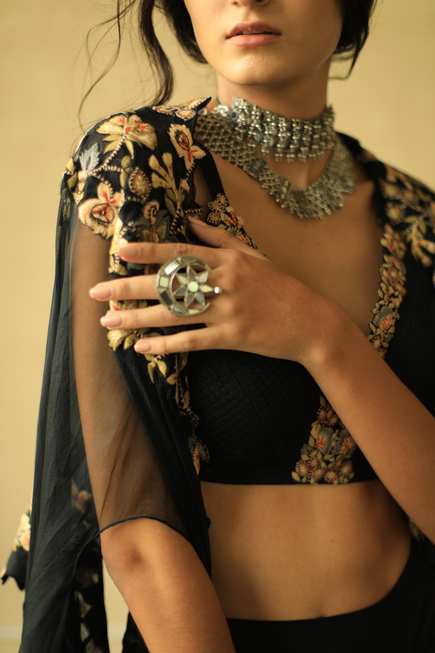 Black Floral Cape and Drape Skirt Set
