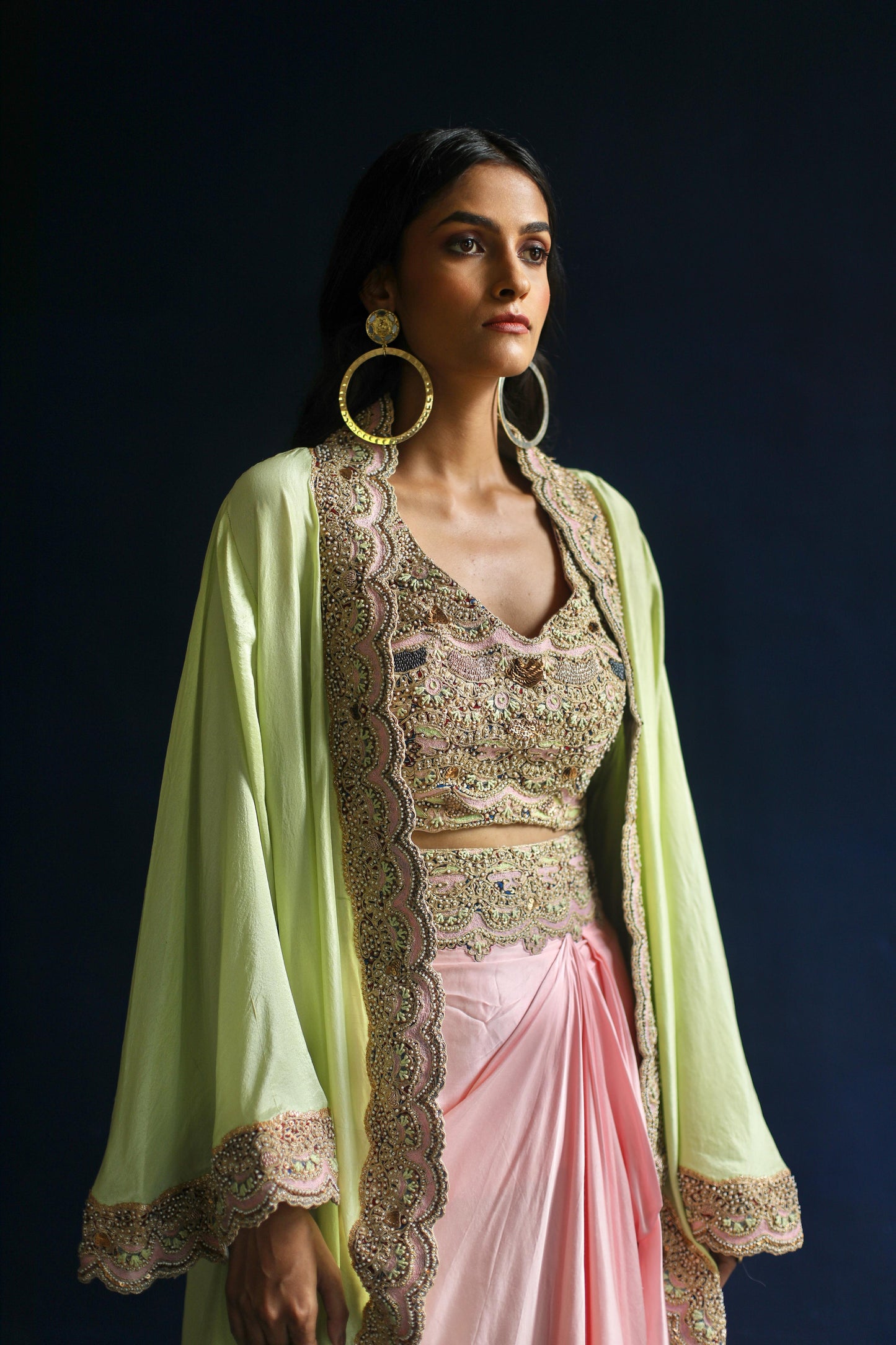 Neon-Green Floral Cape and Pink Dhoti Skirt Set