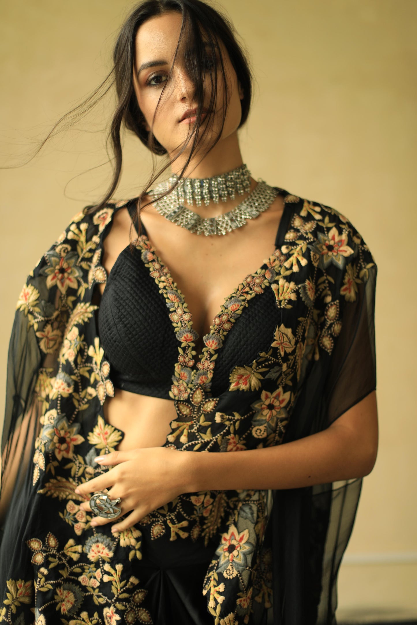 Black Floral Cape and Drape Skirt Set