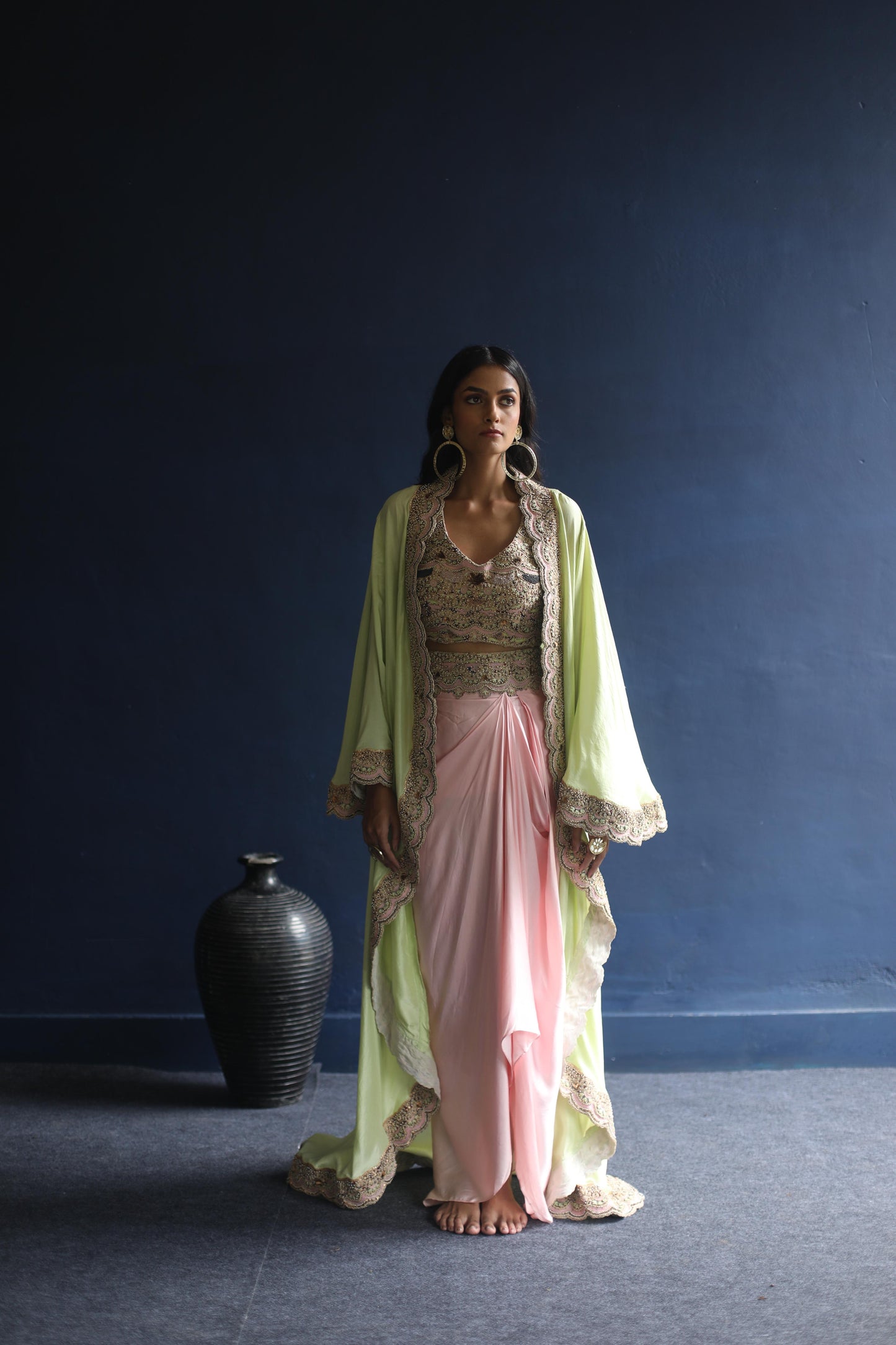 Neon-Green Floral Cape and Pink Dhoti Skirt Set