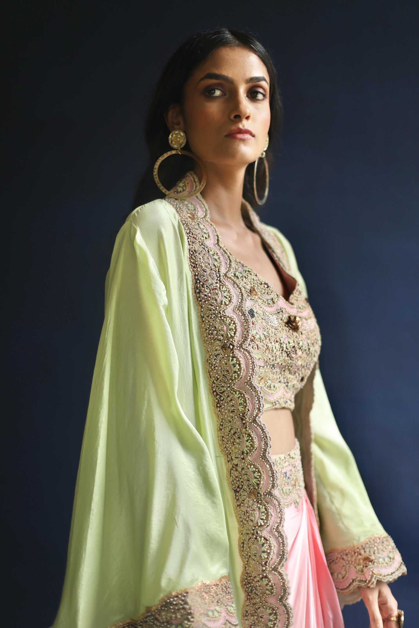 Neon-Green Floral Cape and Pink Dhoti Skirt Set