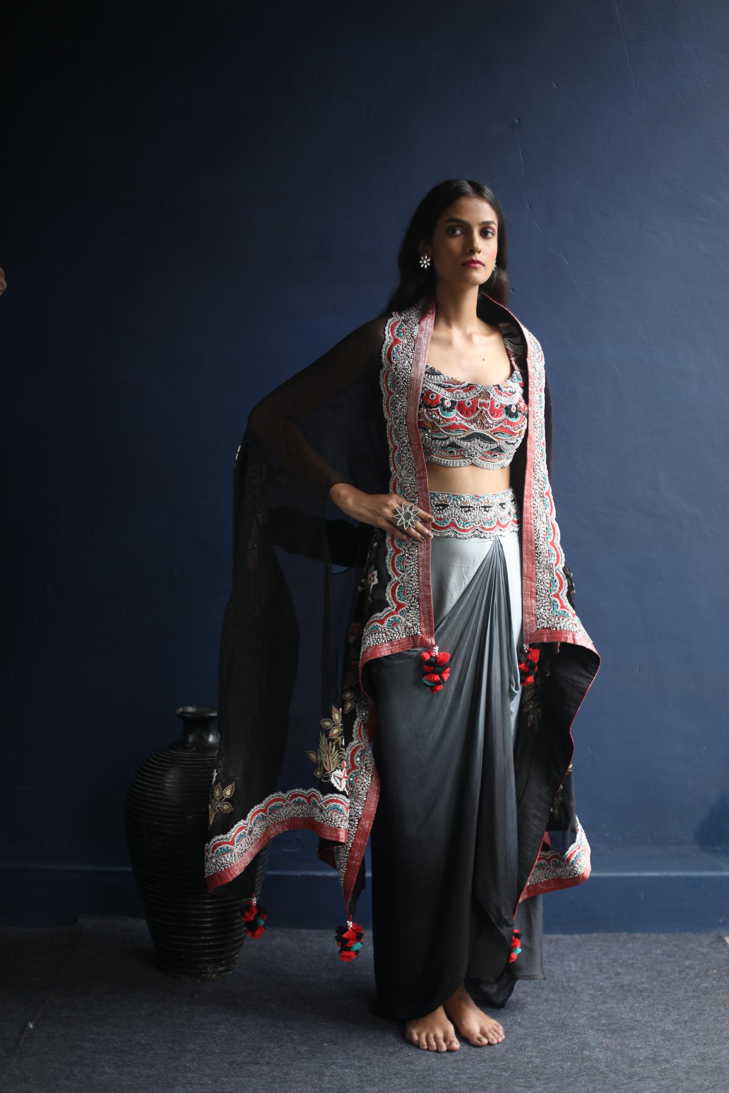 Black Devi Cape and Dhoti Skirt Set