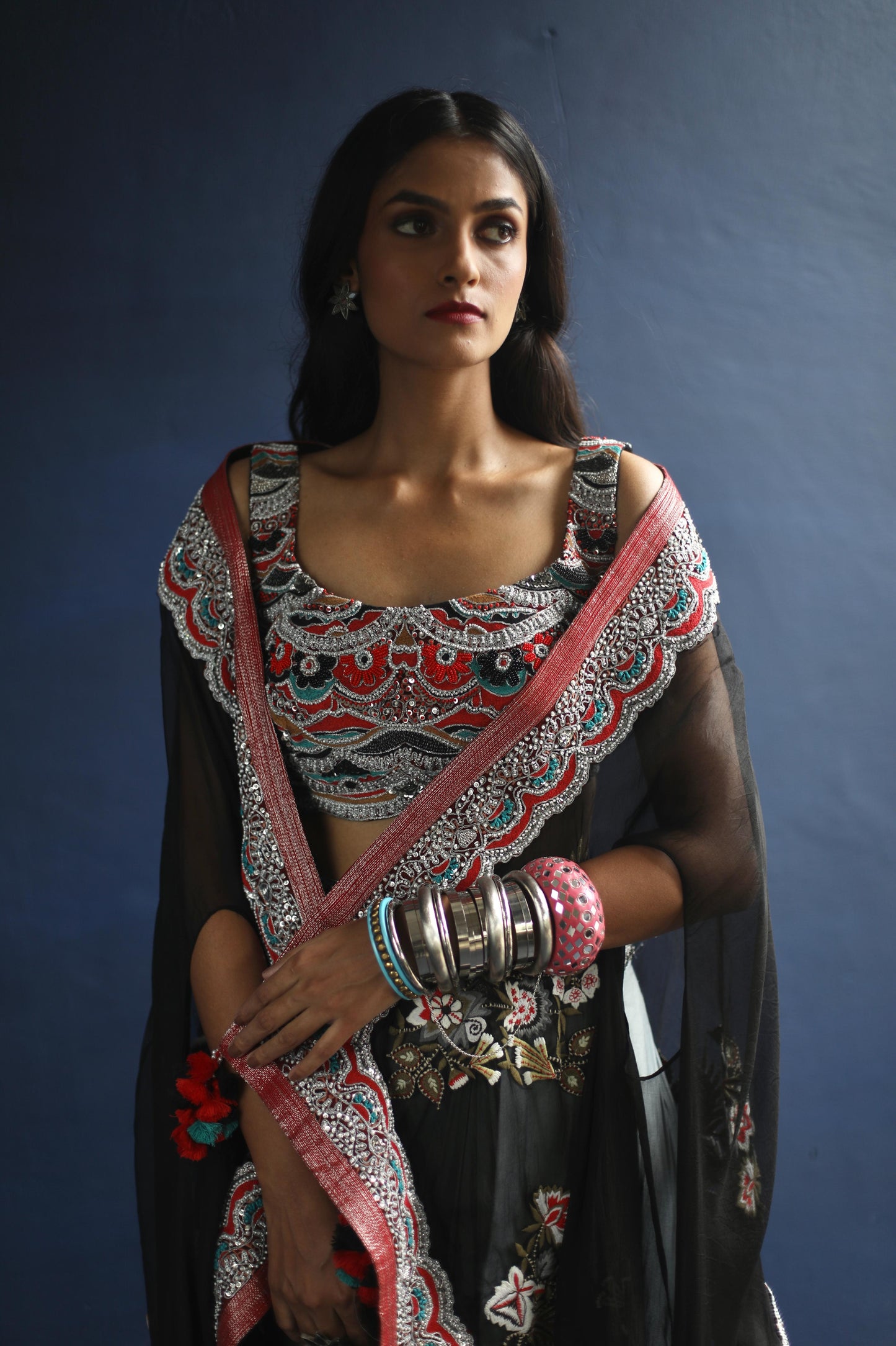 Black Devi Cape and Dhoti Skirt Set