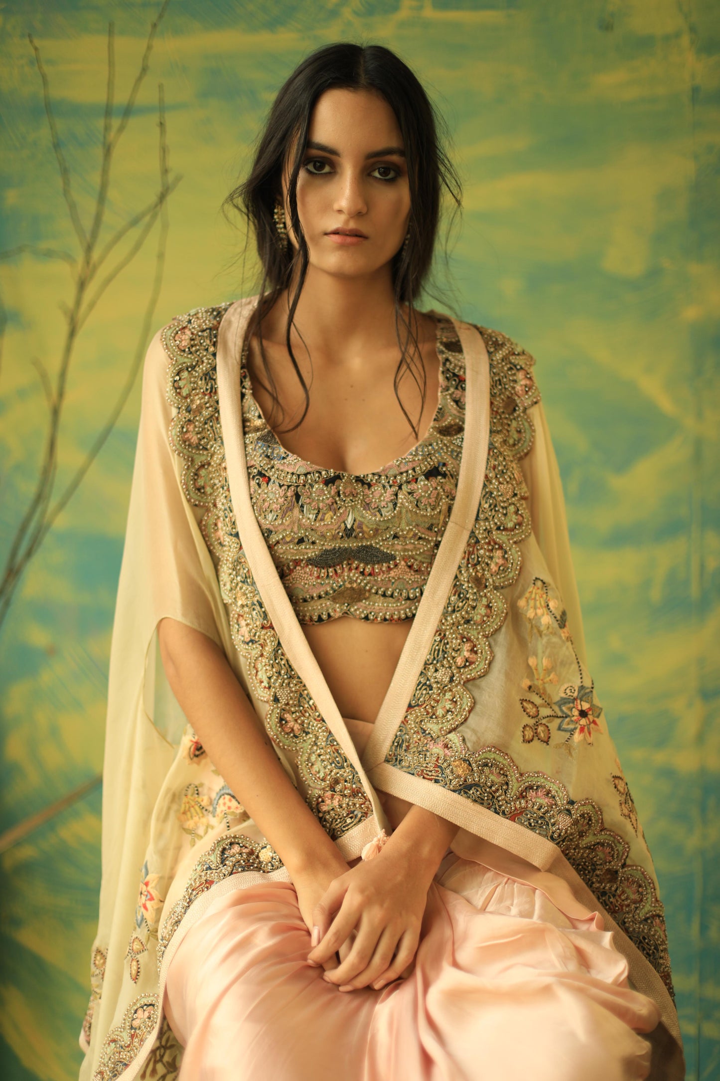 Baby-Pink Bhagwan Cape and Drape Skirt Set