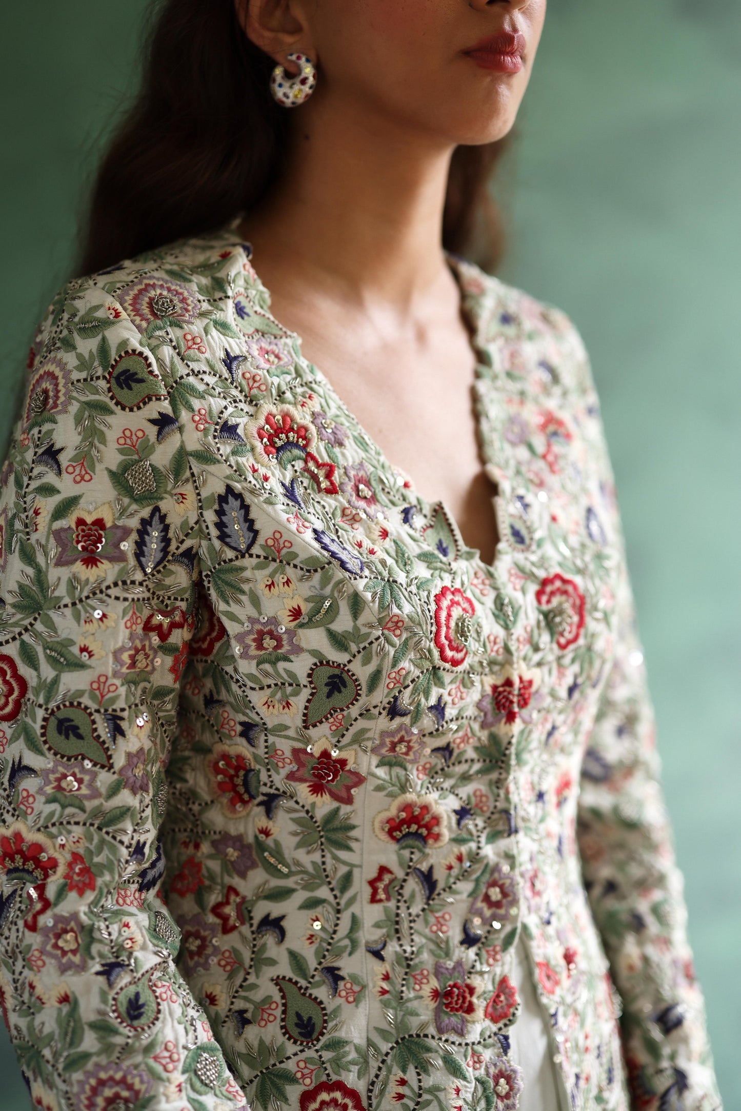 Multi-Colour Floral Jacket and Ivory Sharara Pants Set