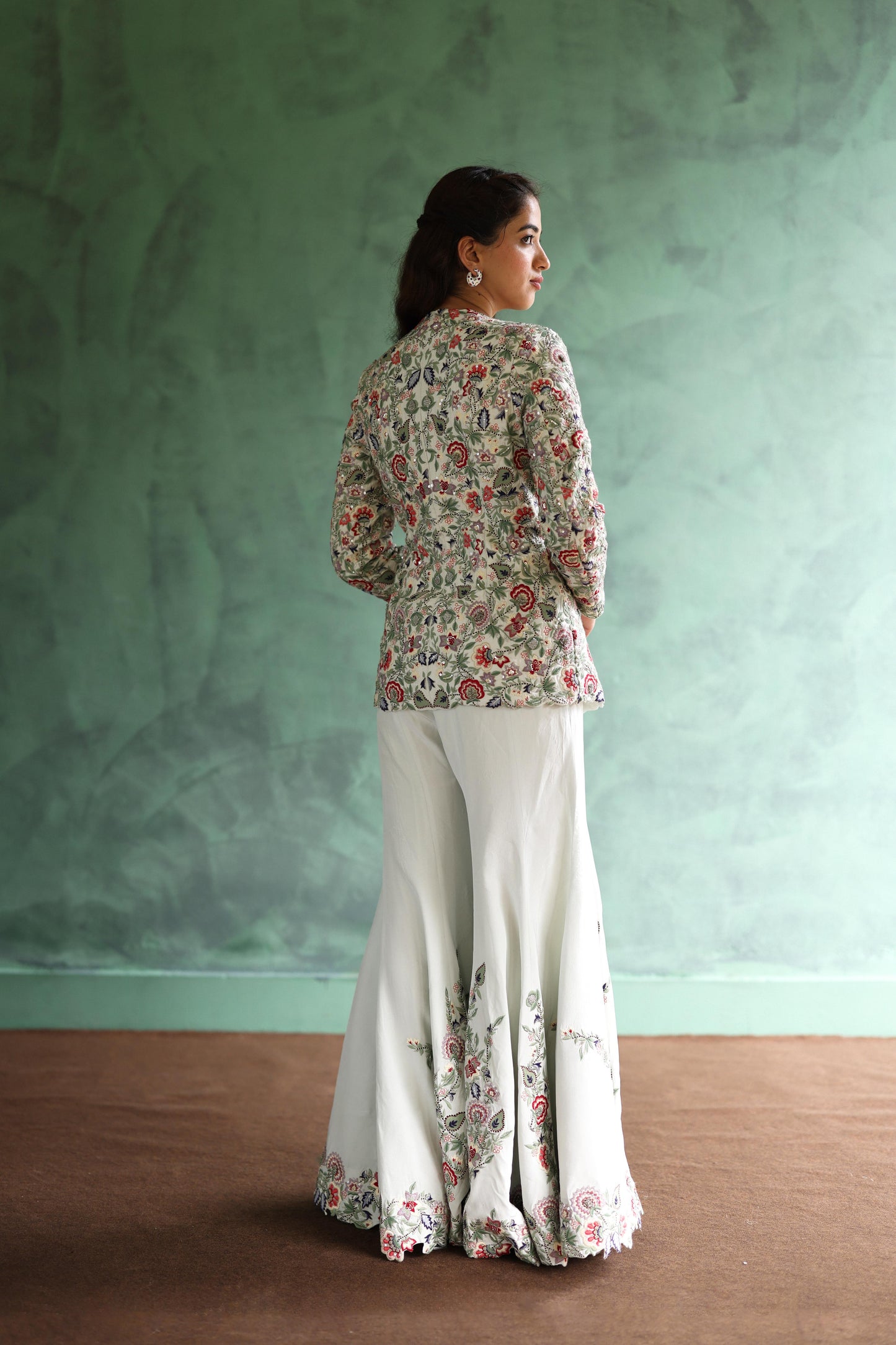 Multi-Colour Floral Jacket and Ivory Sharara Pants Set