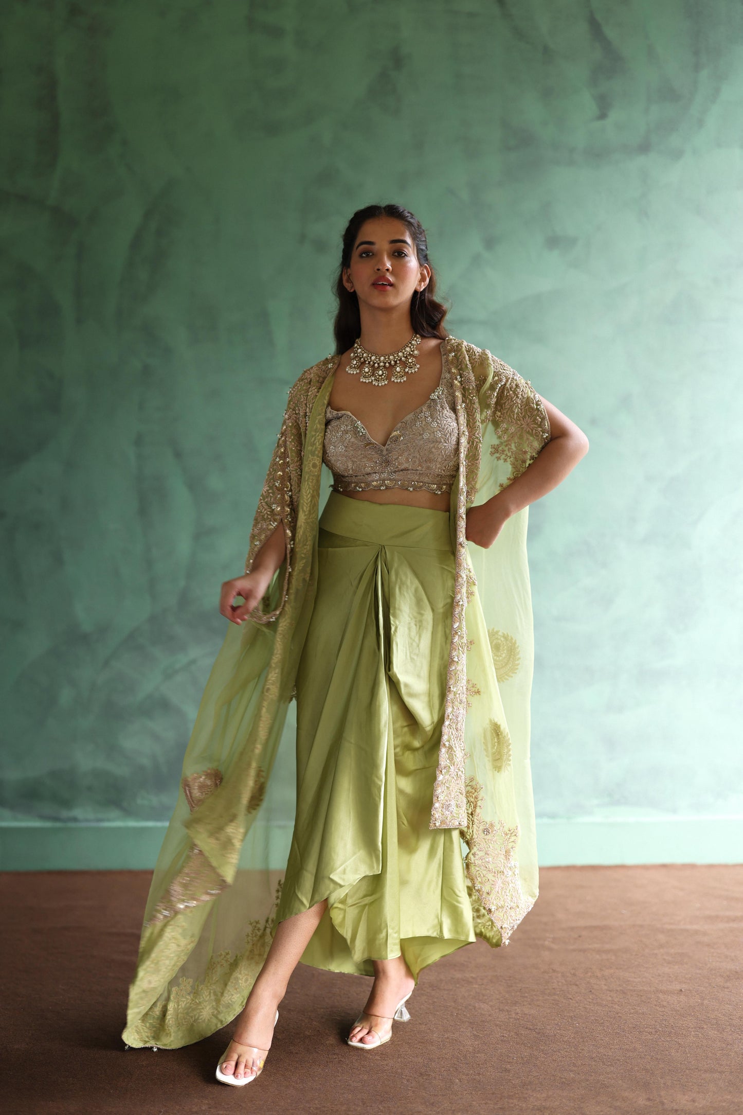 Gold Cape and Dusty-Green Dhoti Skirt Set