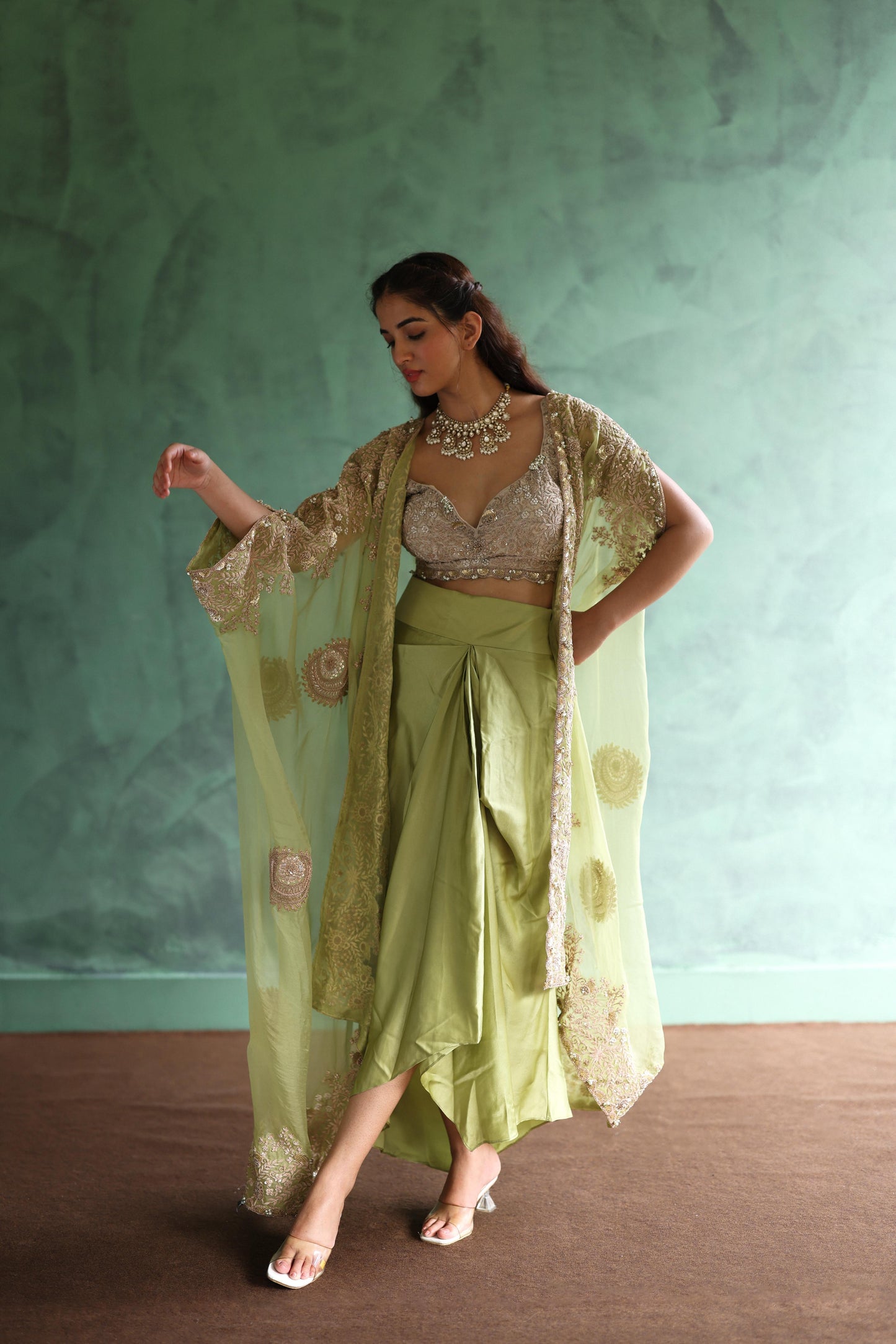 Gold Cape and Dusty-Green Dhoti Skirt Set