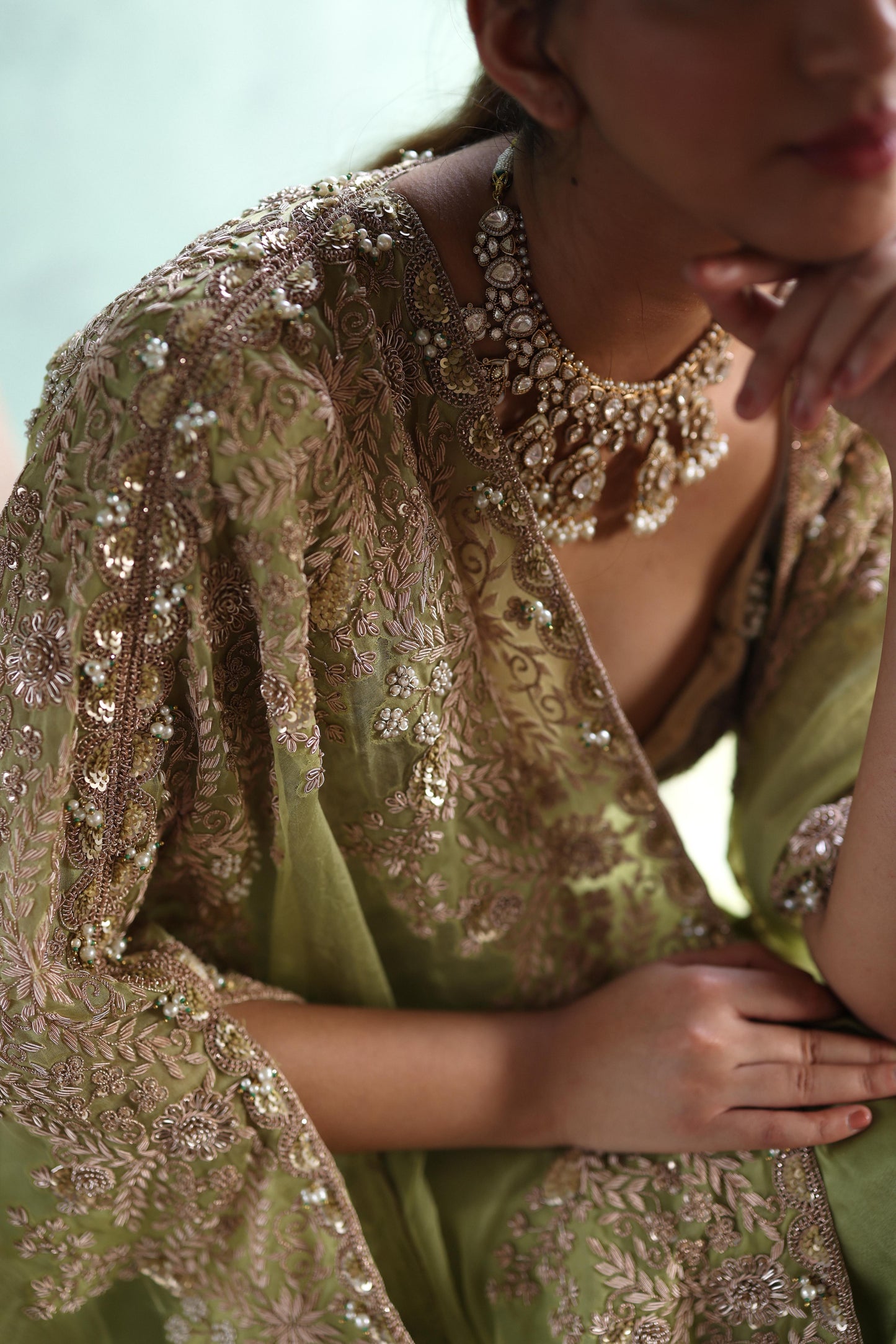 Gold Cape and Dusty-Green Dhoti Skirt Set