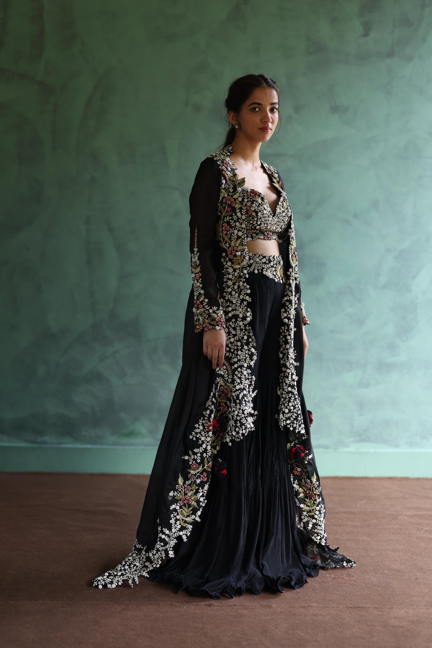 Black Floral Jacket and Sharara Pants Set