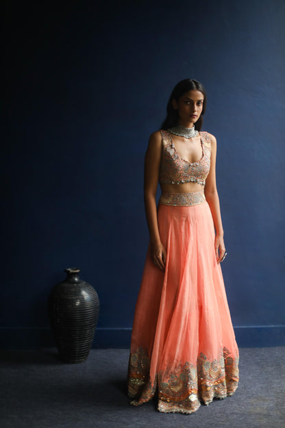 Apricot Paisley Jacket and Peach Lehenga Set
