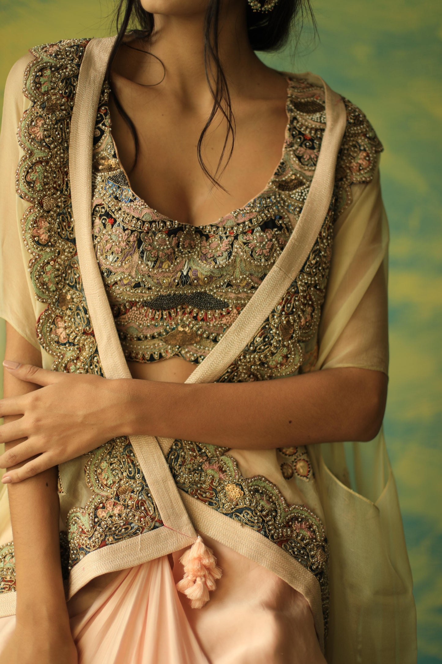 Baby-Pink Bhagwan Cape and Drape Skirt Set