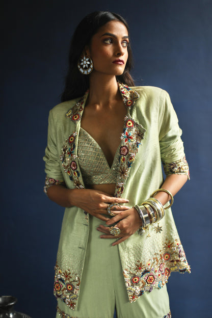 Dusty-Green Blazer and Sharara Pants Set