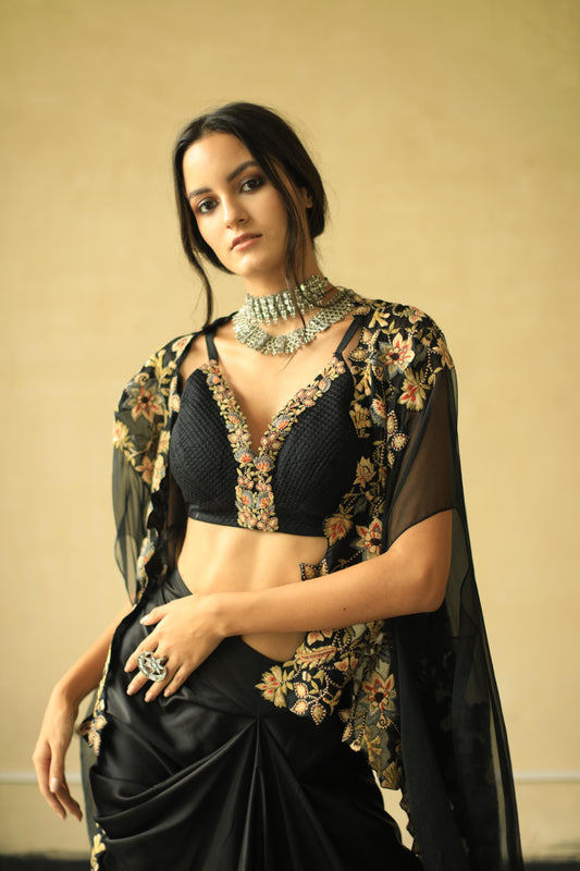 Black Floral Cape and Drape Skirt Set