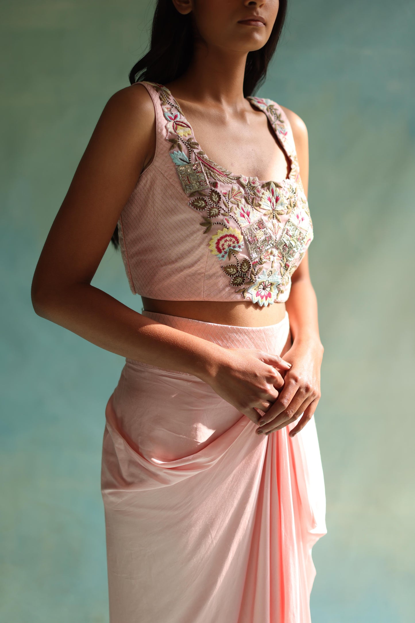 Baby-Pink Floral Cape and Dhoti Skirt Set