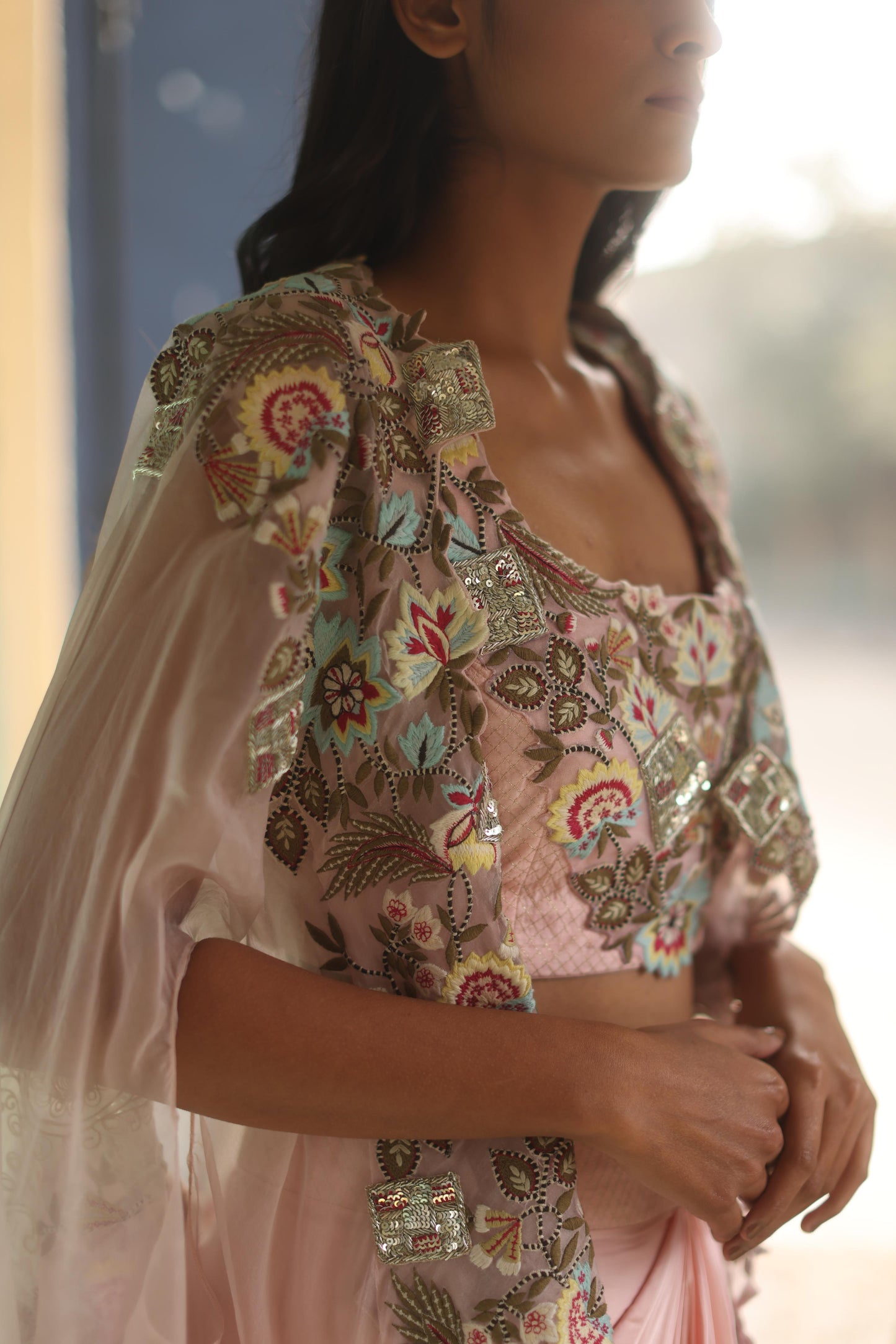 Baby-Pink Floral Cape and Dhoti Skirt Set