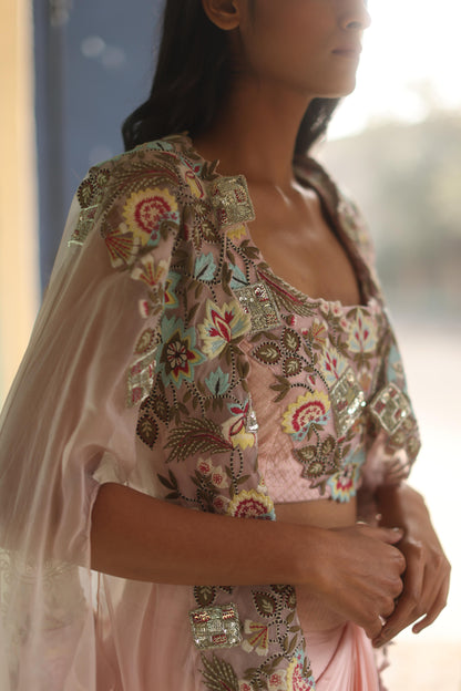 Baby-Pink Floral Cape and Dhoti Skirt Set