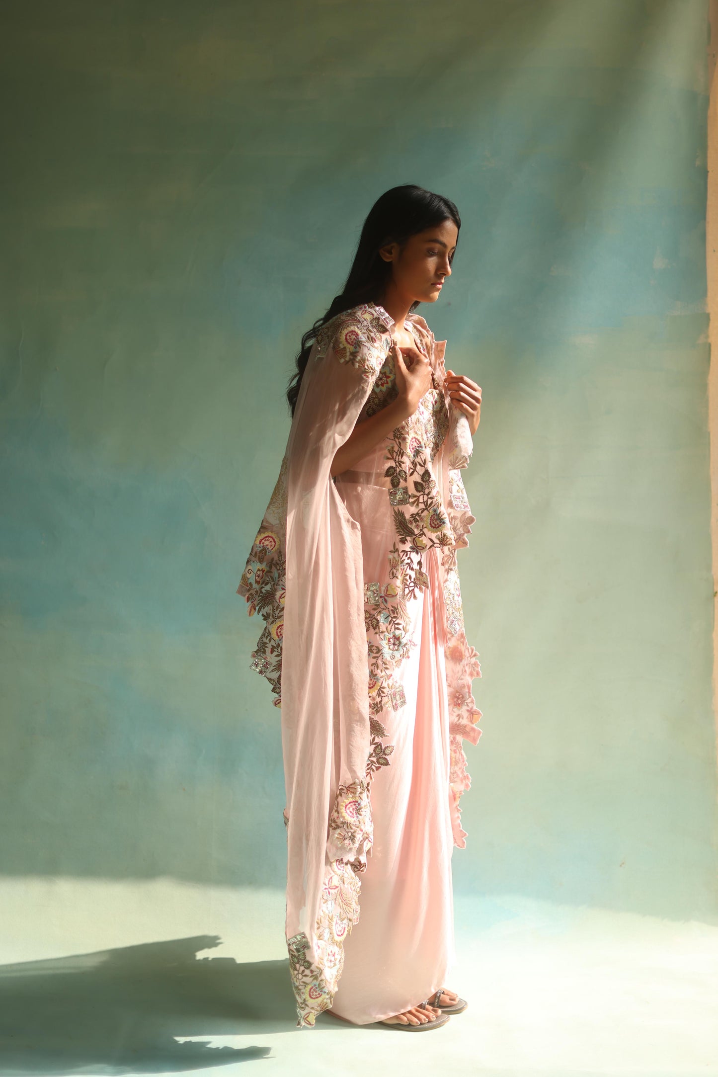 Baby-Pink Floral Cape and Dhoti Skirt Set