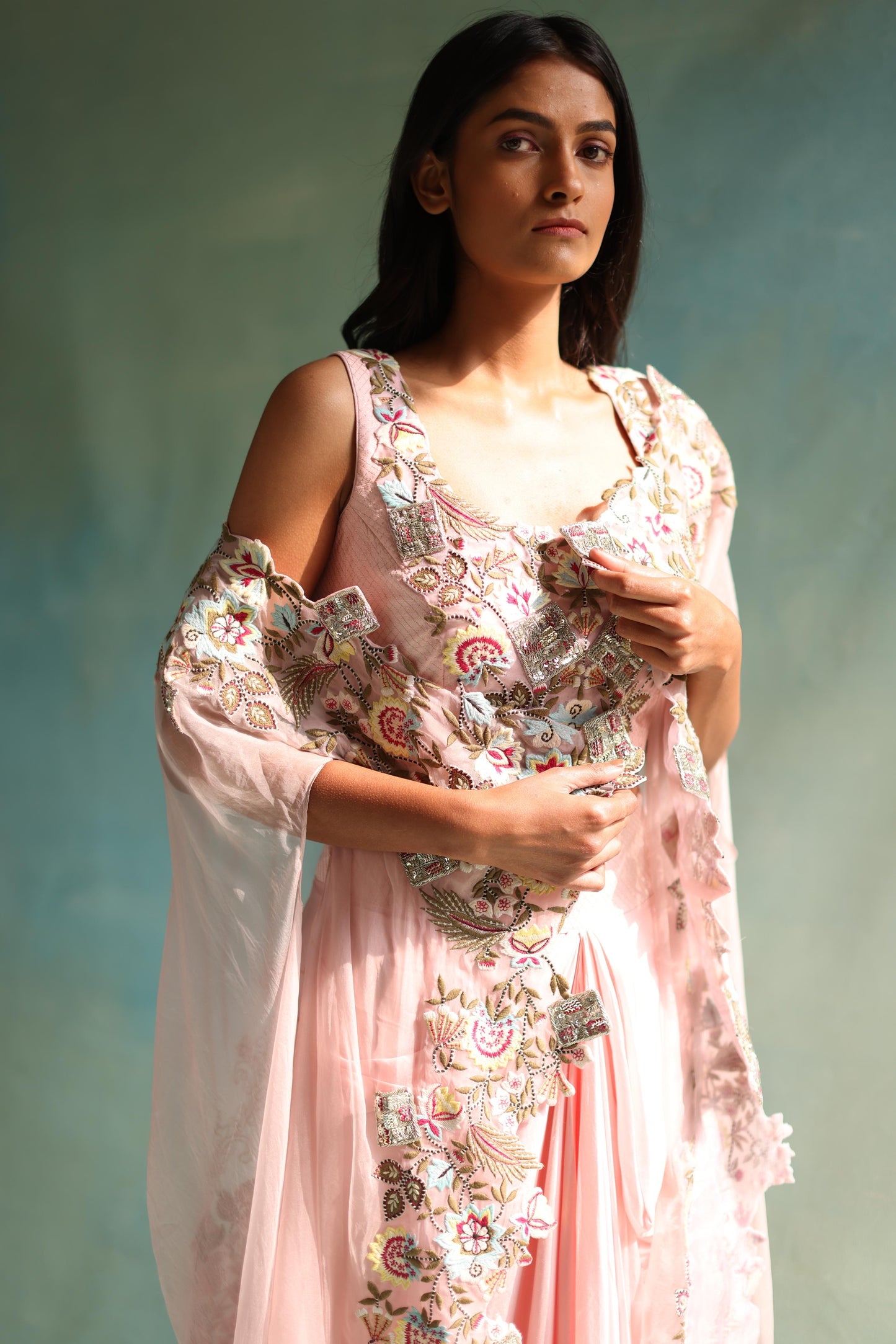 Baby-Pink Floral Cape and Dhoti Skirt Set