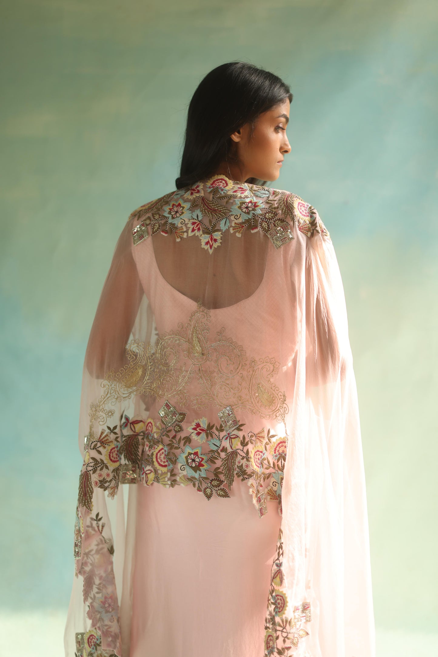 Baby-Pink Floral Cape and Dhoti Skirt Set