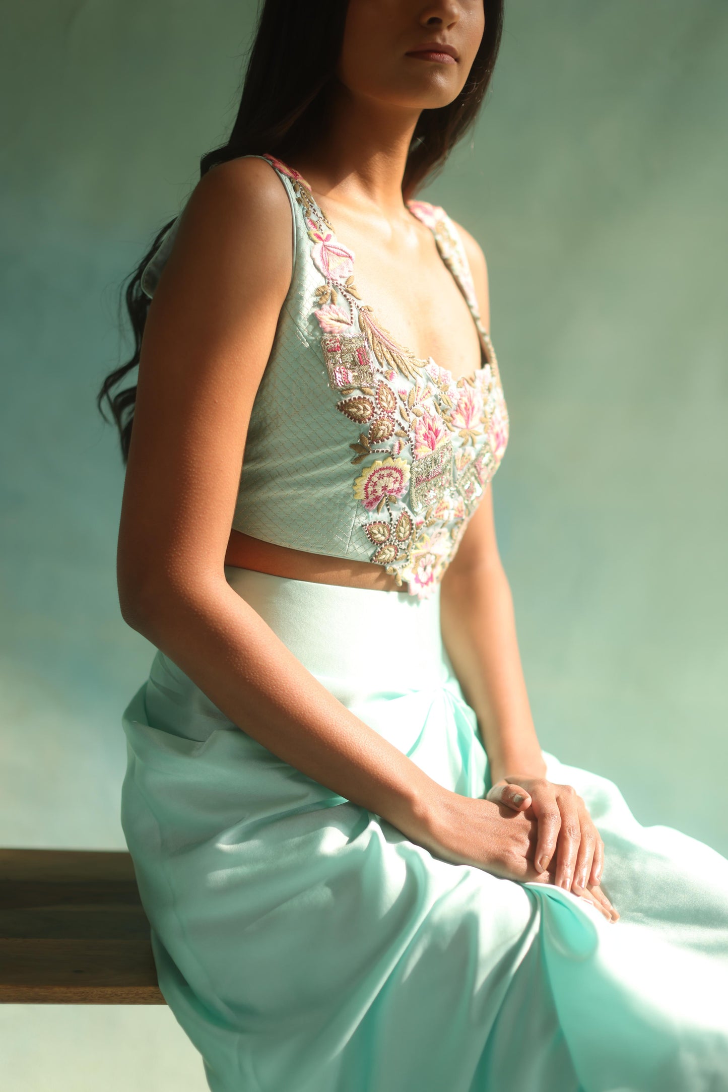 Aquamarine Floral Cape and Dhoti Skirt Set
