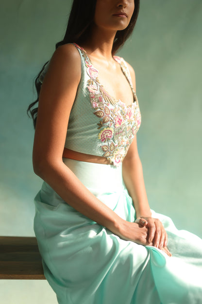 Aquamarine Floral Cape and Dhoti Skirt Set