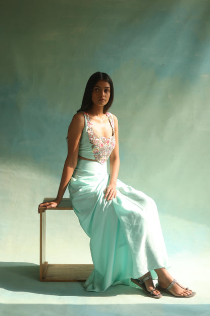 Aquamarine Floral Cape and Dhoti Skirt Set
