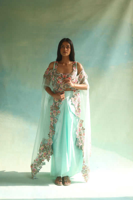 Aquamarine Floral Cape and Dhoti Skirt Set
