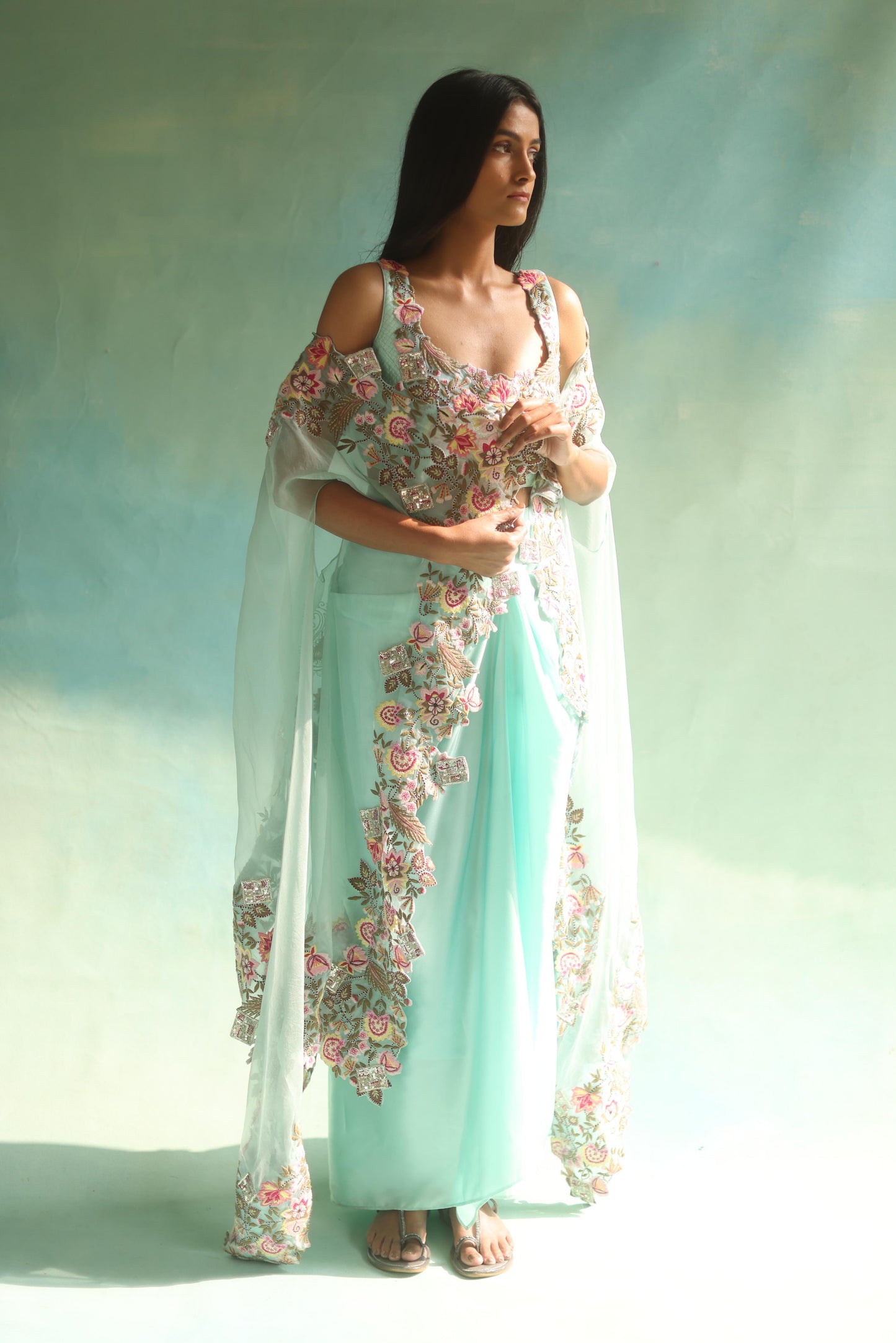 Aquamarine Floral Cape and Dhoti Skirt Set