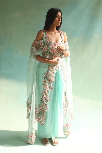 Aquamarine Floral Cape and Dhoti Skirt Set