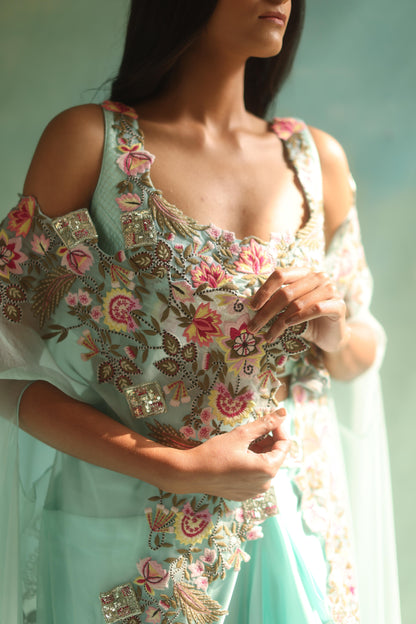 Aquamarine Floral Cape and Dhoti Skirt Set