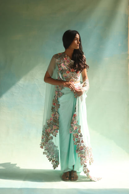 Aquamarine Floral Cape and Dhoti Skirt Set