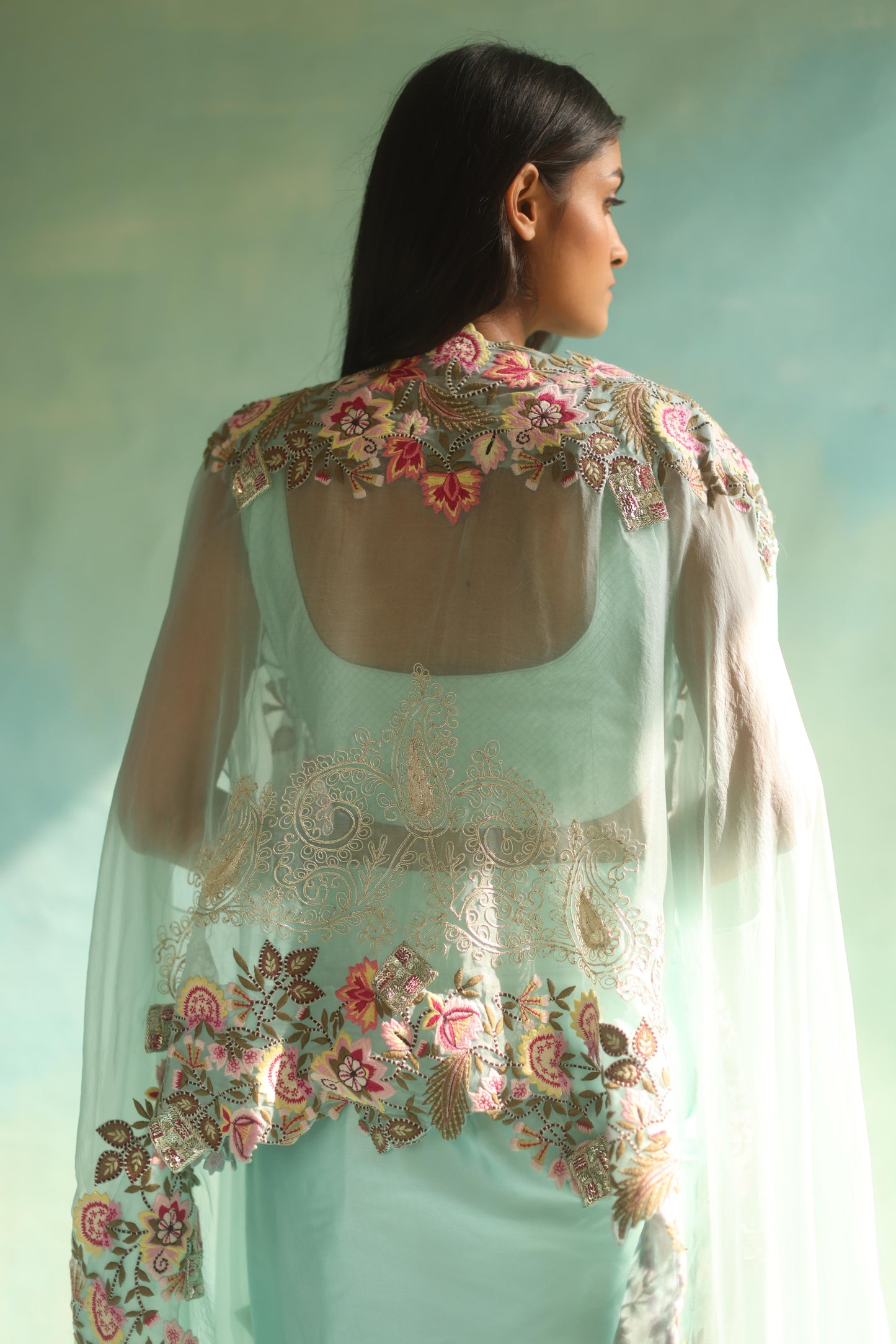 Aquamarine Floral Cape and Dhoti Skirt Set
