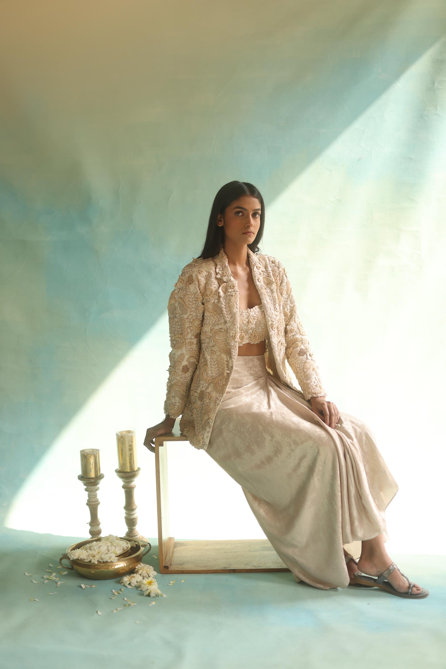 Cream Jaal Blazer and Dhoti Skirt Set