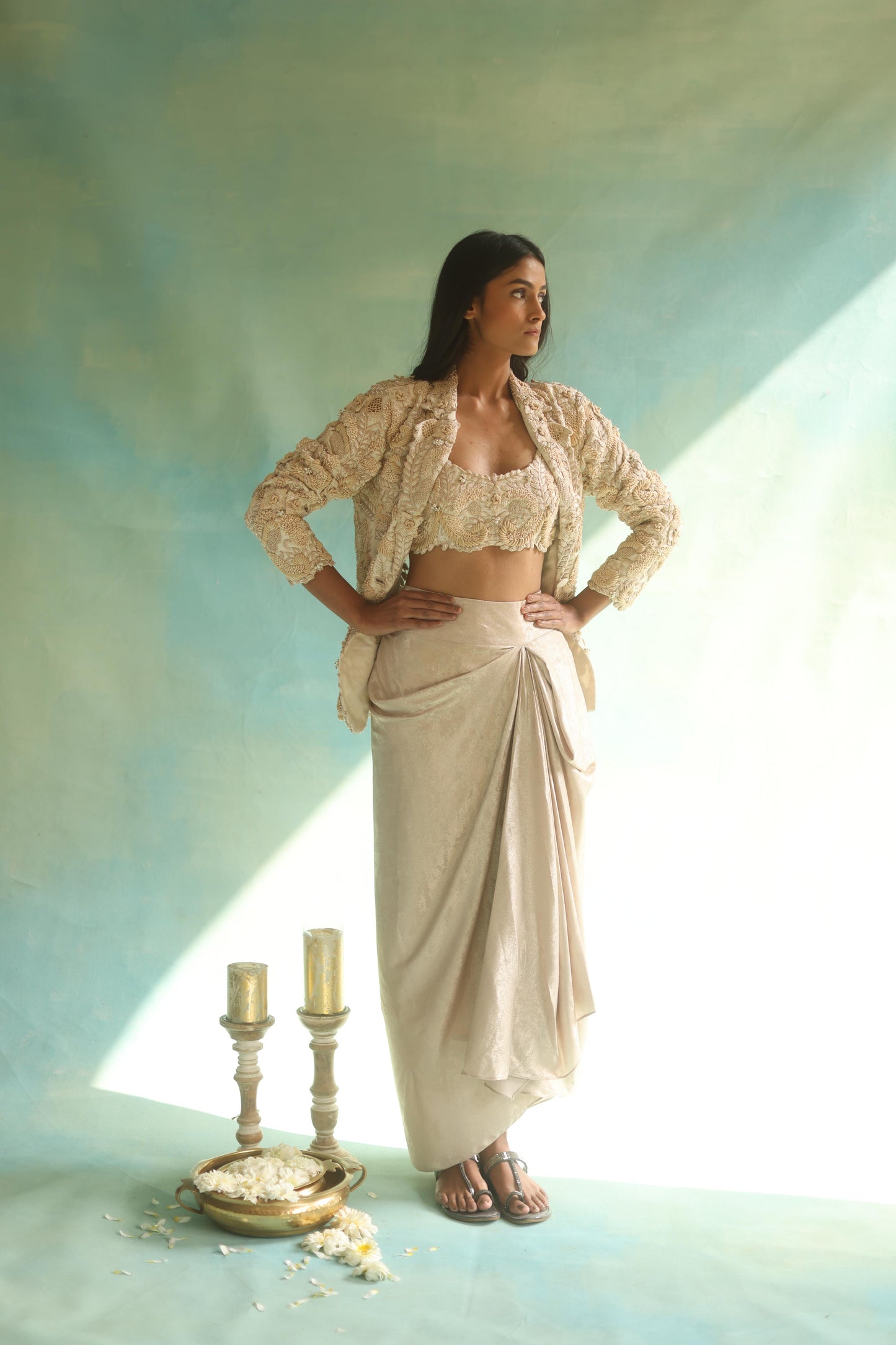 Cream Jaal Blazer and Dhoti Skirt Set