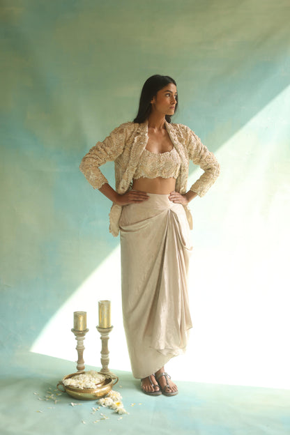 Cream Jaal Blazer and Dhoti Skirt Set