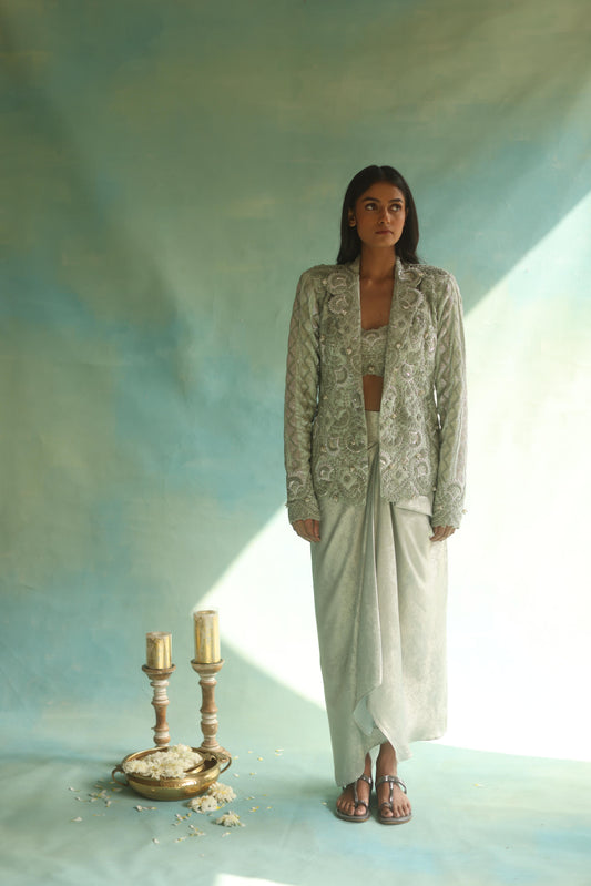 Ice-Green Jaal Blazer and Dhoti Skirt Set