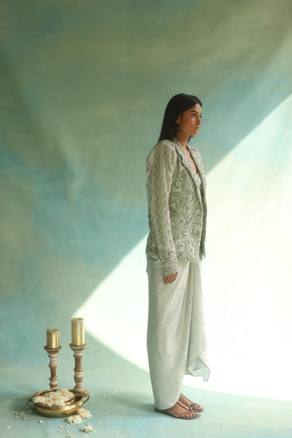 Ice-Green Jaal Blazer and Dhoti Skirt Set