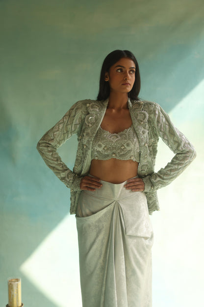 Ice-Green Jaal Blazer and Dhoti Skirt Set
