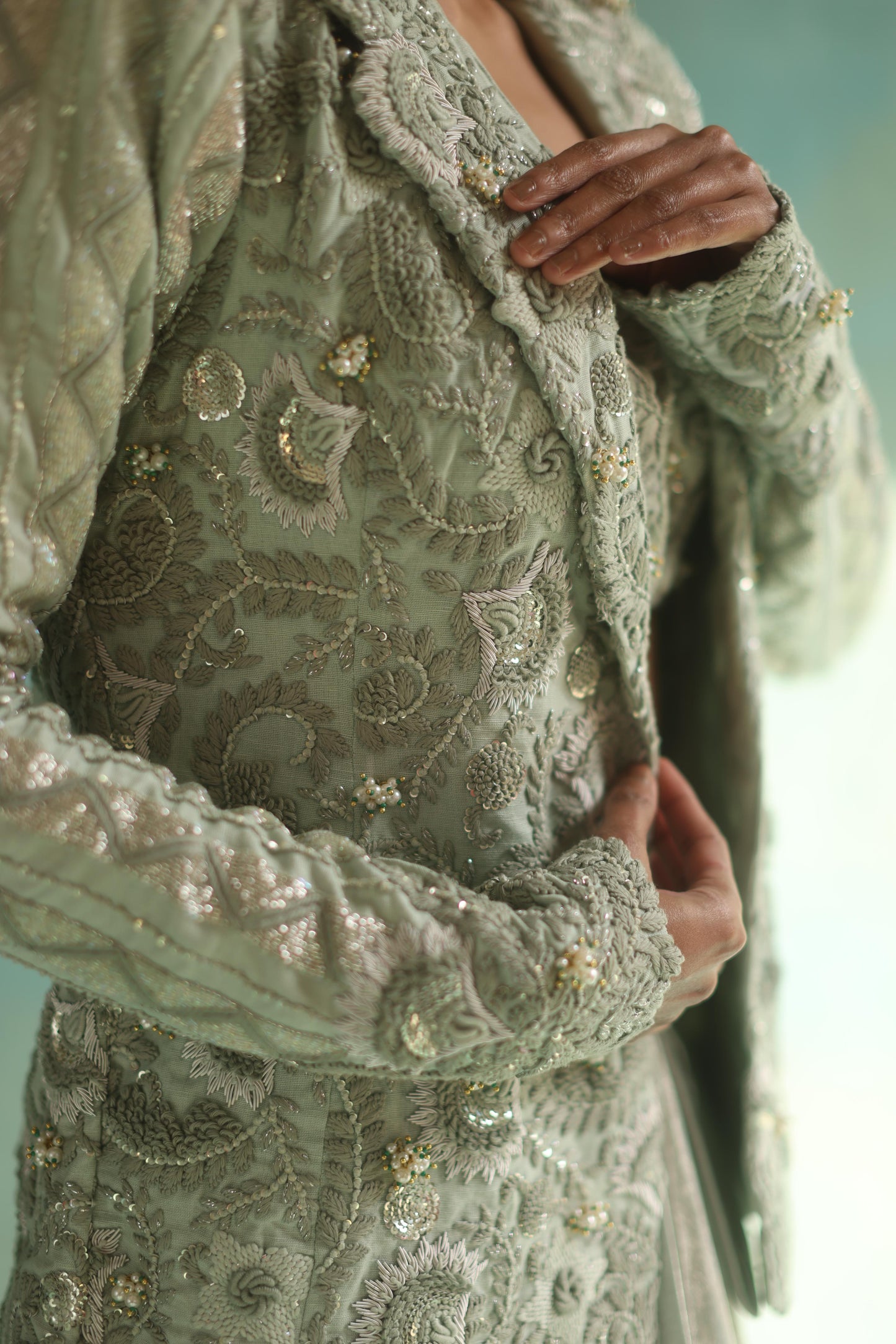 Ice-Green Jaal Blazer and Dhoti Skirt Set