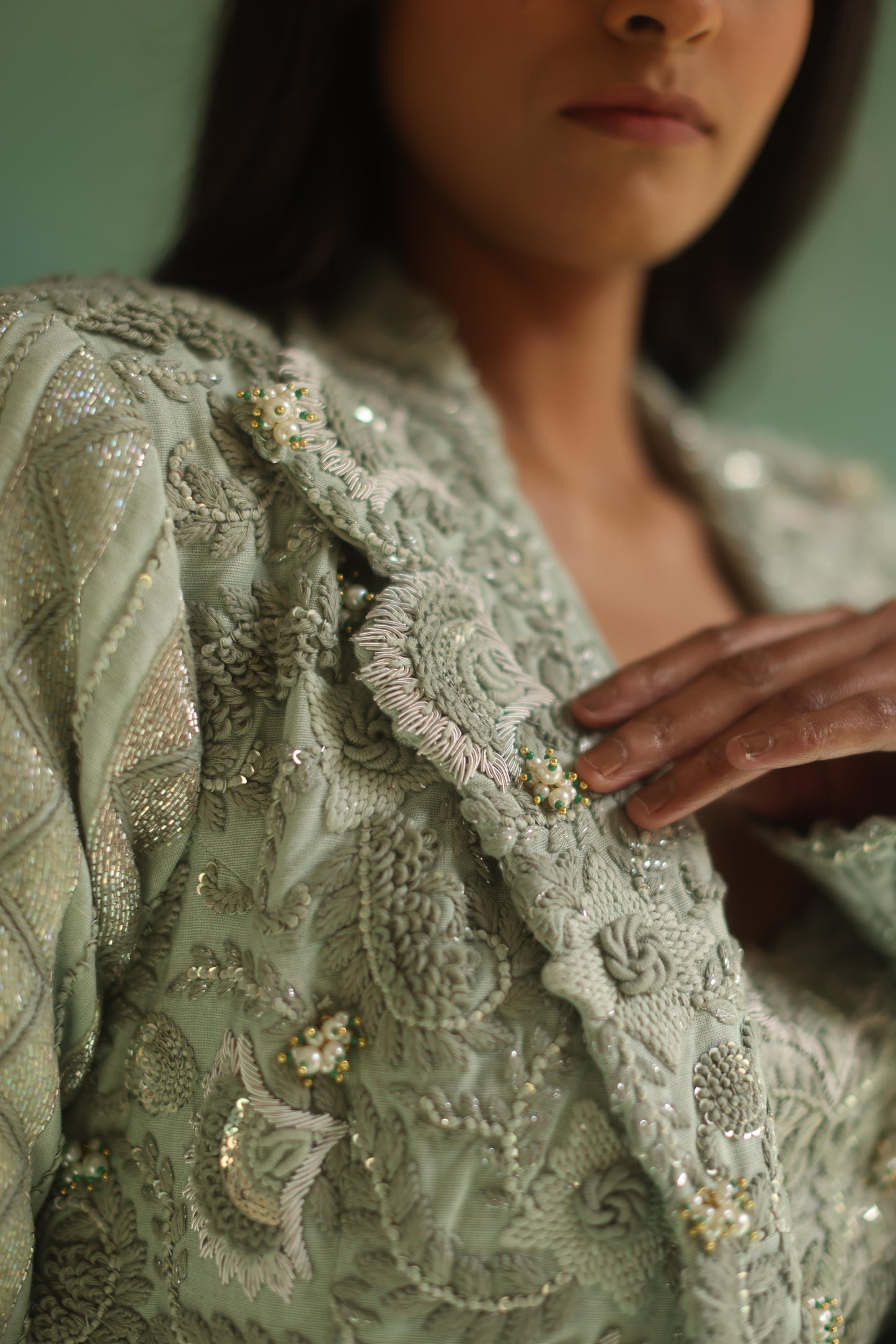Ice-Green Jaal Blazer and Dhoti Skirt Set