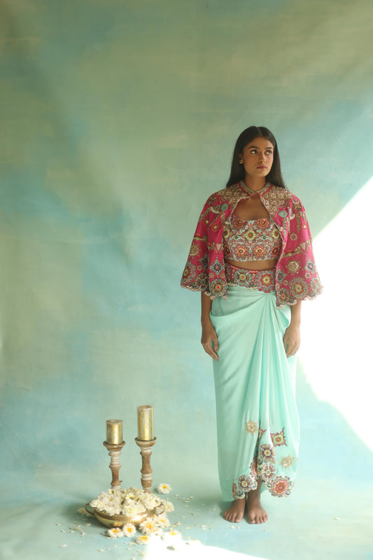 Fuchsia Floral Cape and Aquamarine Dhoti Set