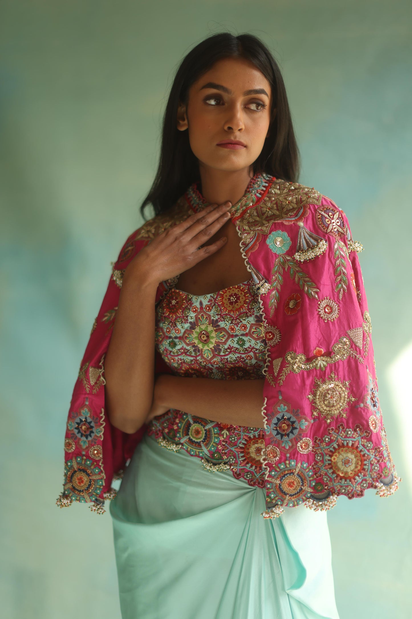 Fuchsia Floral Cape and Aquamarine Dhoti Set